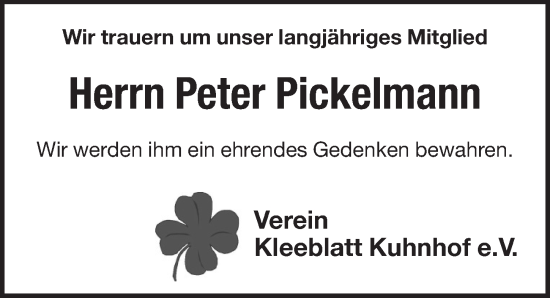 Traueranzeige von Peter Pickelmann von Pegnitz-Zeitung
