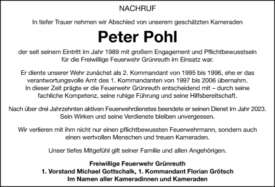 Traueranzeige von Peter Pohl von Hersbrucker Zeitung Lokal