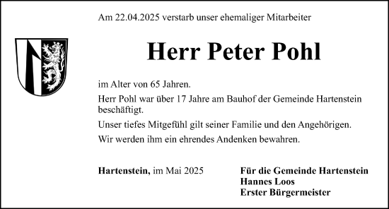 Traueranzeige von Peter Pohl von Hersbrucker Zeitung Lokal