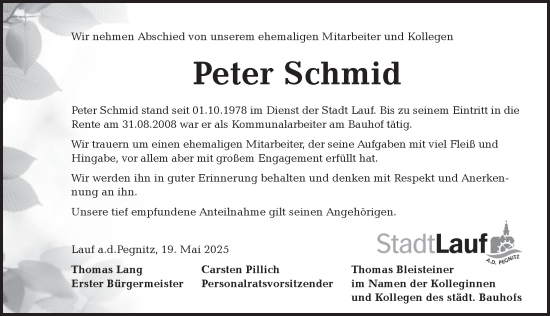 Traueranzeige von Peter Schmid von Pegnitz-Zeitung