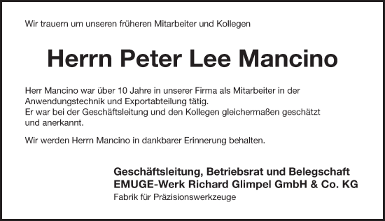 Traueranzeige von Peter Lee Mancino von Pegnitz-Zeitung