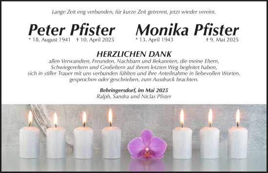 Traueranzeige von Peter und Monika Pfister von Pegnitz-Zeitung