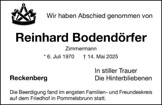 Traueranzeige von Reinhard Bodendörfer von Hersbrucker Zeitung Lokal