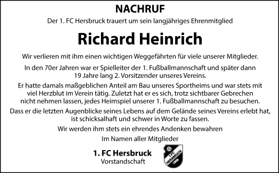 Traueranzeige von Richard Heinrich von Hersbrucker Zeitung Lokal