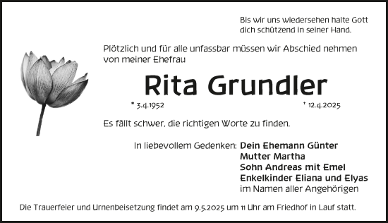 Traueranzeige von Rita Grundler von Pegnitz-Zeitung