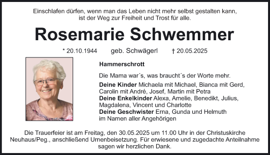 Traueranzeige von Rosemarie Schwemmer von Hersbrucker Zeitung Lokal