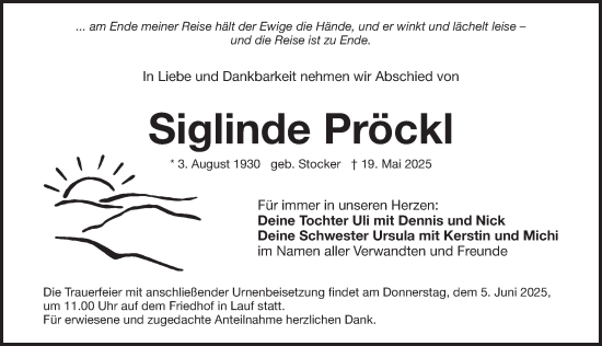 Traueranzeige von Siglinde Pröckl von Pegnitz-Zeitung