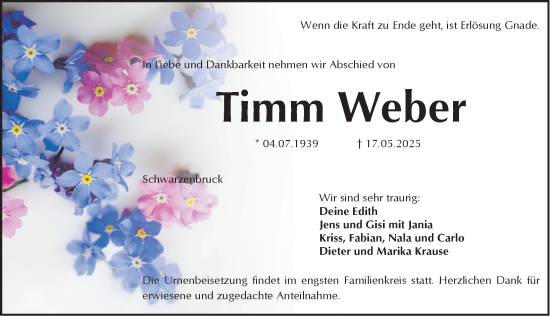 Traueranzeige von Timm Weber von Der Bote