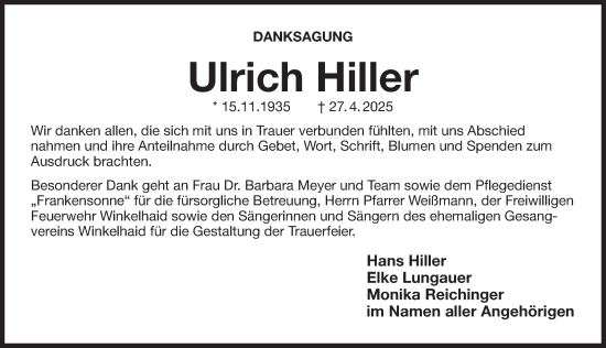 Traueranzeige von Ulrich Hiller von Der Bote