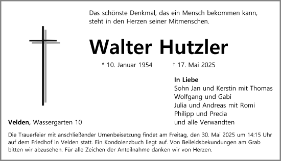 Traueranzeige von Walter Hutzler von Hersbrucker Zeitung Lokal