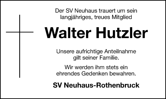 Traueranzeige von Walter Hutzler von Hersbrucker Zeitung Lokal