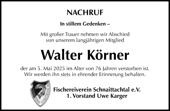 Traueranzeige von Walter Körner von Hersbrucker Zeitung Lokal