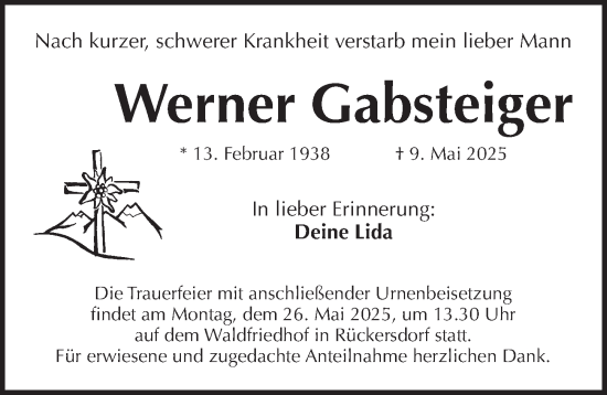 Traueranzeige von Werner Gabsteiger von Pegnitz-Zeitung
