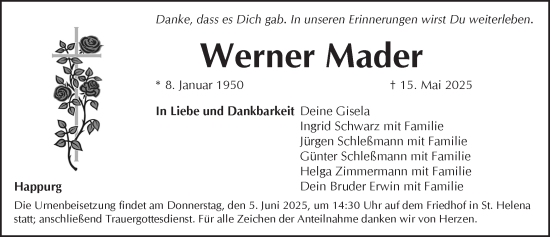 Traueranzeige von Werner Mader von Pegnitz-Zeitung