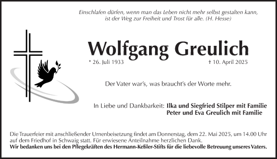 Traueranzeige von Wolfgang Greulich von Pegnitz-Zeitung