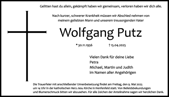 Traueranzeige von Wolfgang Putz von Hersbrucker Zeitung Lokal