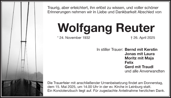 Traueranzeige von Wolfgang Reuter von Pegnitz-Zeitung