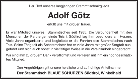 Traueranzeige von Adolf Götz von Der Bote