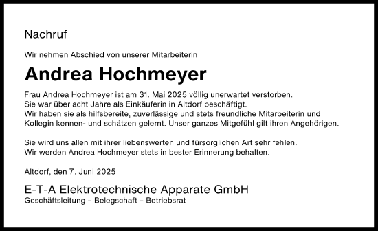 Traueranzeige von Andrea Hochmeyer von Der Bote