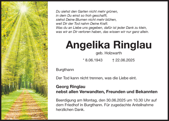 Traueranzeige von Angelika Ringlau von Der Bote