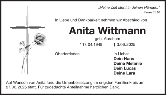 Traueranzeige von Anita Wittmann von Der Bote