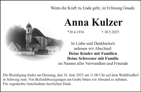 Traueranzeige von Anna Kulzer von Pegnitz-Zeitung