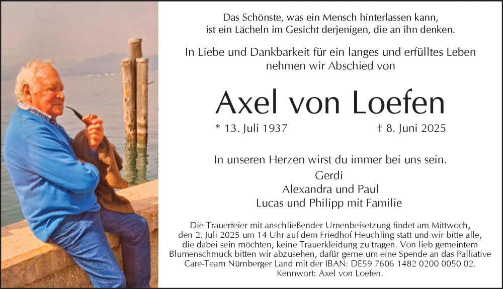  Traueranzeige für Axel von Loefen vom 21.06.2025 aus Pegnitz-Zeitung