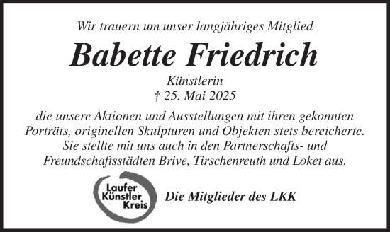 Traueranzeige von Babette Friedrich von Pegnitz-Zeitung