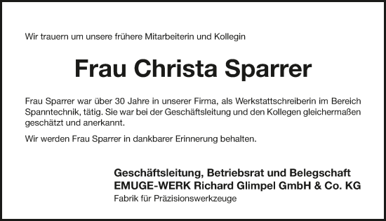 Traueranzeige von Christa Sparrer von Pegnitz-Zeitung