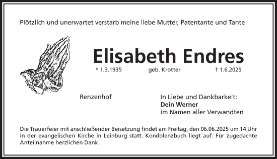Traueranzeige von Elisabeth Endres von Pegnitz-Zeitung