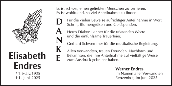 Traueranzeige von Elisabeth Endres von Pegnitz-Zeitung