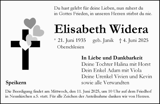 Traueranzeige von Elisabeth Widera von Pegnitz-Zeitung
