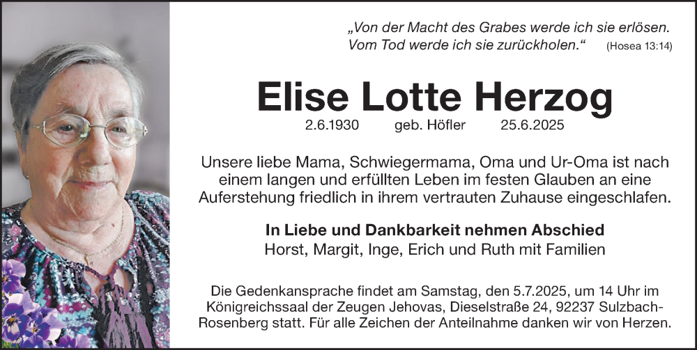  Traueranzeige für Elise Lotte Herzog vom 28.06.2025 aus Hersbrucker Zeitung Lokal