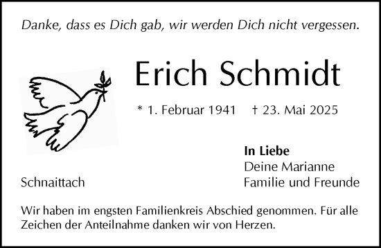 Traueranzeige von Erich Schmidt von Pegnitz-Zeitung