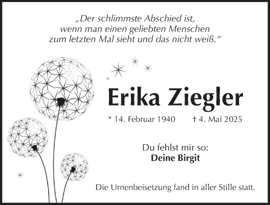 Traueranzeige von Erika Ziegler von Pegnitz-Zeitung