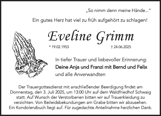 Traueranzeige von Eveline Grimm von Pegnitz-Zeitung