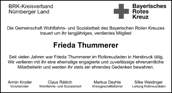 Traueranzeige von Frieda Thummerer von Hersbrucker Zeitung Lokal