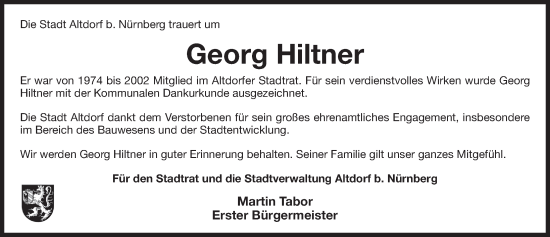 Traueranzeige von Georg Hiltner von Der Bote