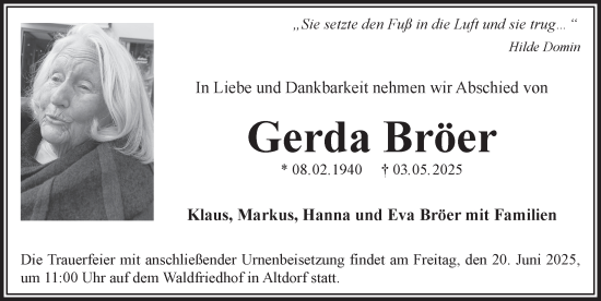 Traueranzeige von Gerda Bröer von Der Bote