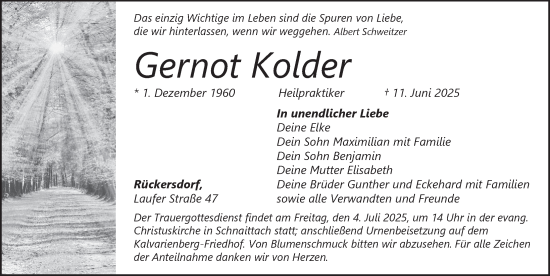 Traueranzeige von Gernot Kolder von Pegnitz-Zeitung