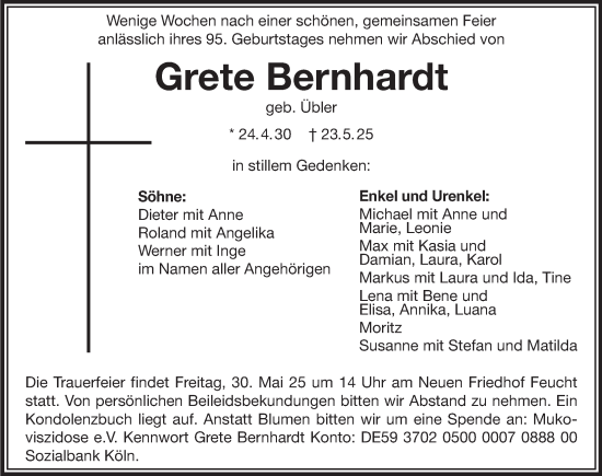 Traueranzeige von Grete Bernhardt von Der Bote
