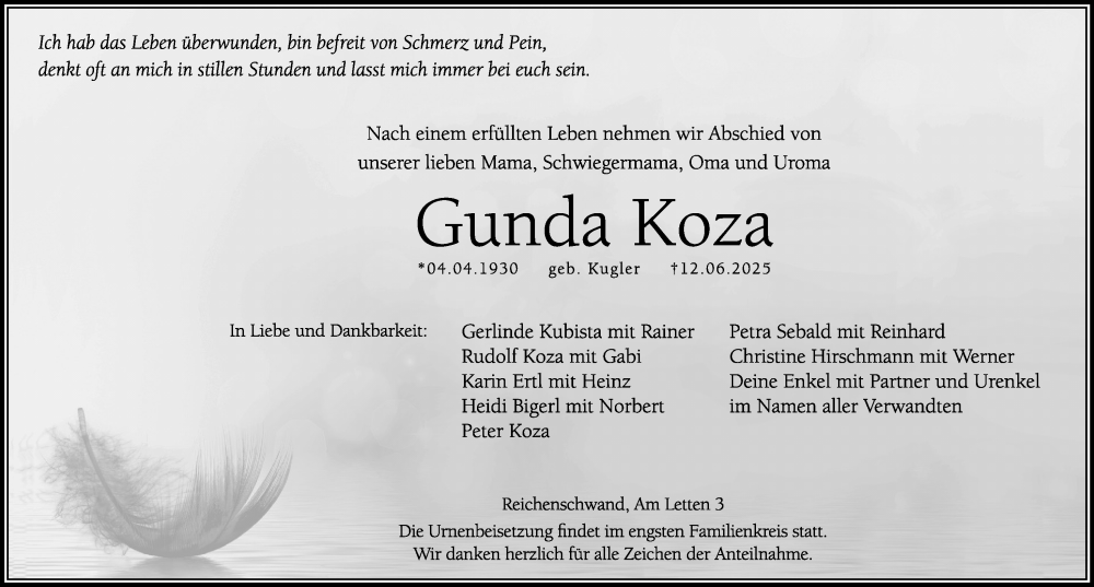  Traueranzeige für Gunda Koza vom 21.06.2025 aus Hersbrucker Zeitung Lokal