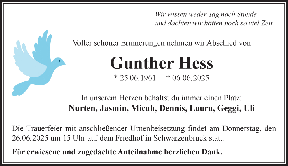  Traueranzeige für Gunther Hess vom 21.06.2025 aus Der Bote