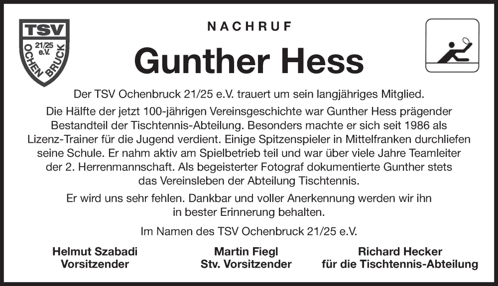  Traueranzeige für Gunther Hess vom 26.06.2025 aus Der Bote