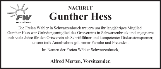 Traueranzeige von Gunther Hess von Der Bote