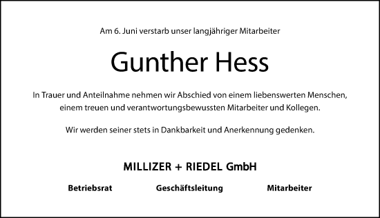 Traueranzeige von Gunther Hess von Der Bote