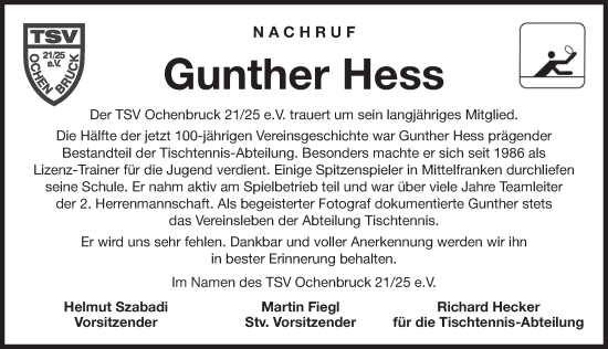 Traueranzeige von Gunther Hess von Der Bote