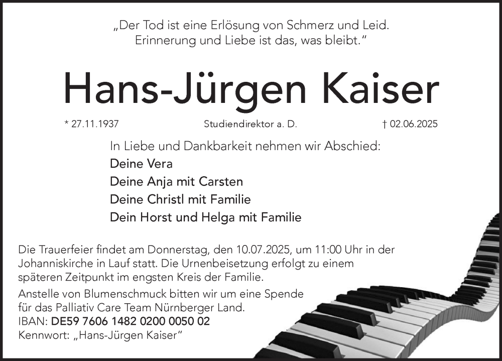  Traueranzeige für Hans-Jürgen Kaiser vom 21.06.2025 aus Pegnitz-Zeitung