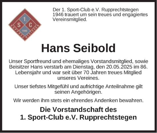 Traueranzeige von Hans Seibold von Hersbrucker Zeitung Lokal
