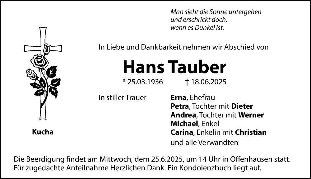  Traueranzeige für Hans Tauber vom 21.06.2025 aus Hersbrucker Zeitung Lokal